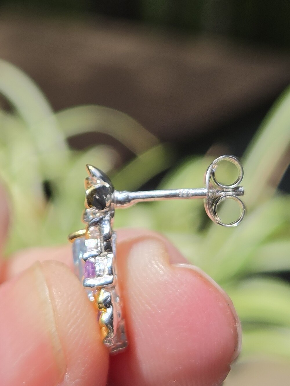 Blue Topaz & Amethyst Natural Floral Sterling & Gold Earrings - Picture 9 of 9